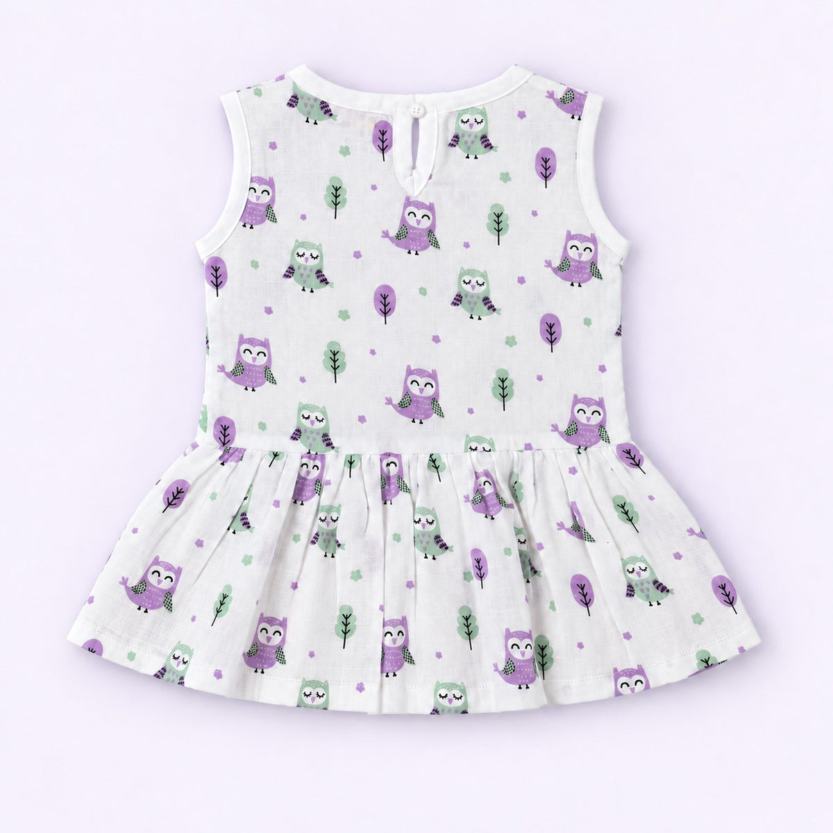 Cotton Muslin Baby Frock - Little Hoots Print | Button Closure | 6-12 Months