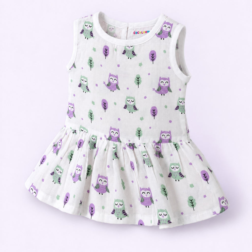 Cotton Muslin Baby Frock - Little Hoots Print | Button Closure | 6-12 Months