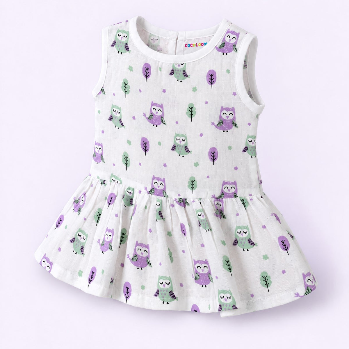Cotton Muslin Baby Frock - Little Hoots Print | Button Closure | 6-12 Months