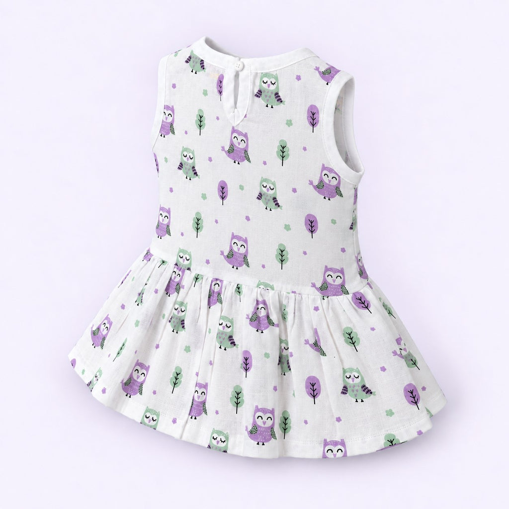 Cotton Muslin Baby Frock - Little Hoots Print | Button Closure | 6-12 Months