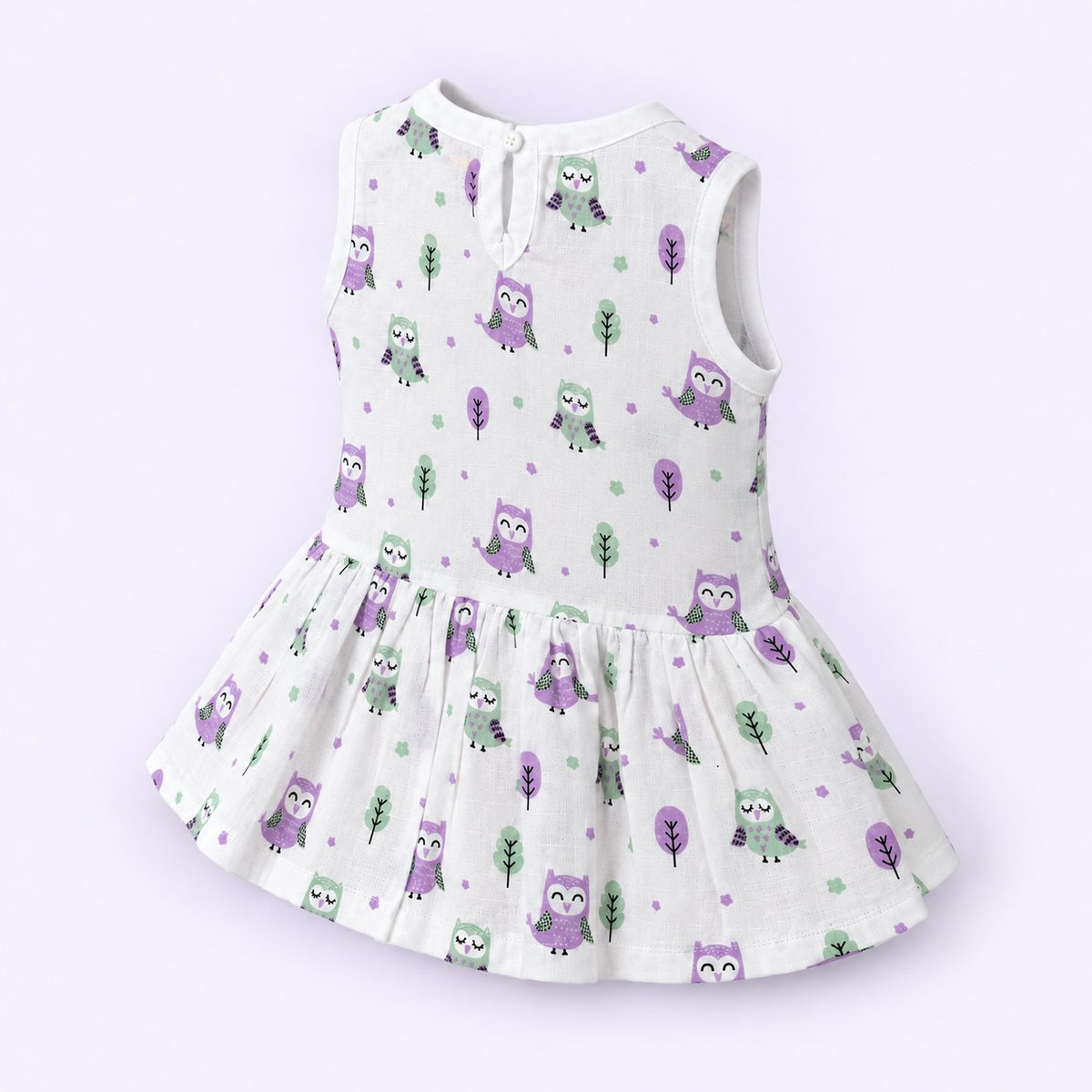 Cotton Muslin Baby Frock - Little Hoots Print | Button Closure | 6-12 Months