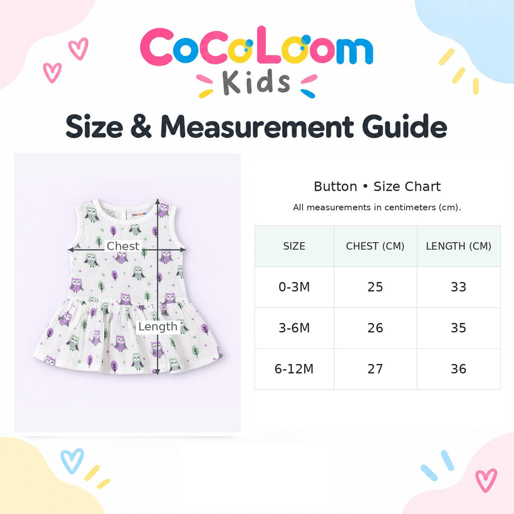 Cotton Muslin Baby Frock - Little Hoots Print | Button Closure | 6-12 Months