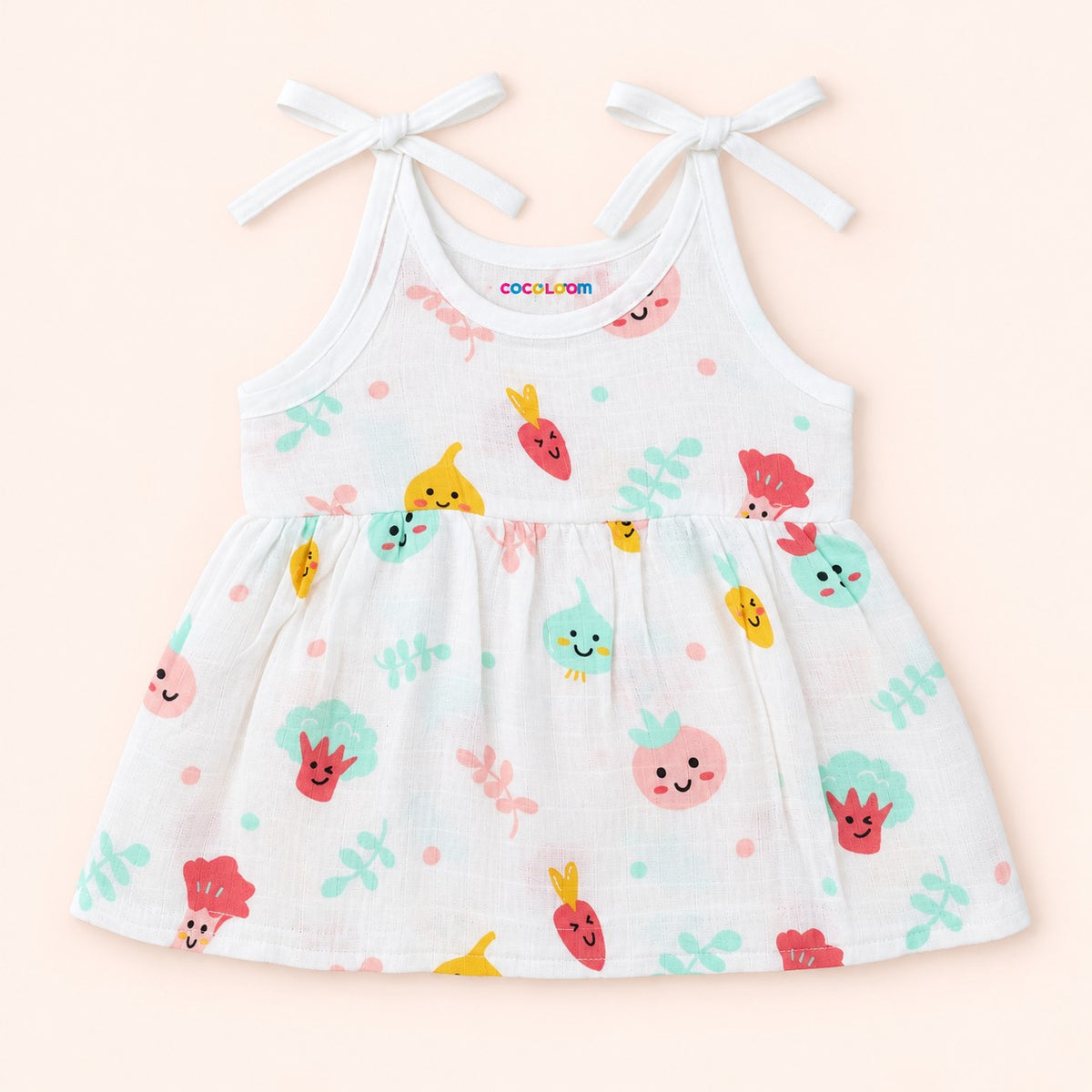 Cotton Muslin Knot Baby Frock - Little Veggies Print | New Born