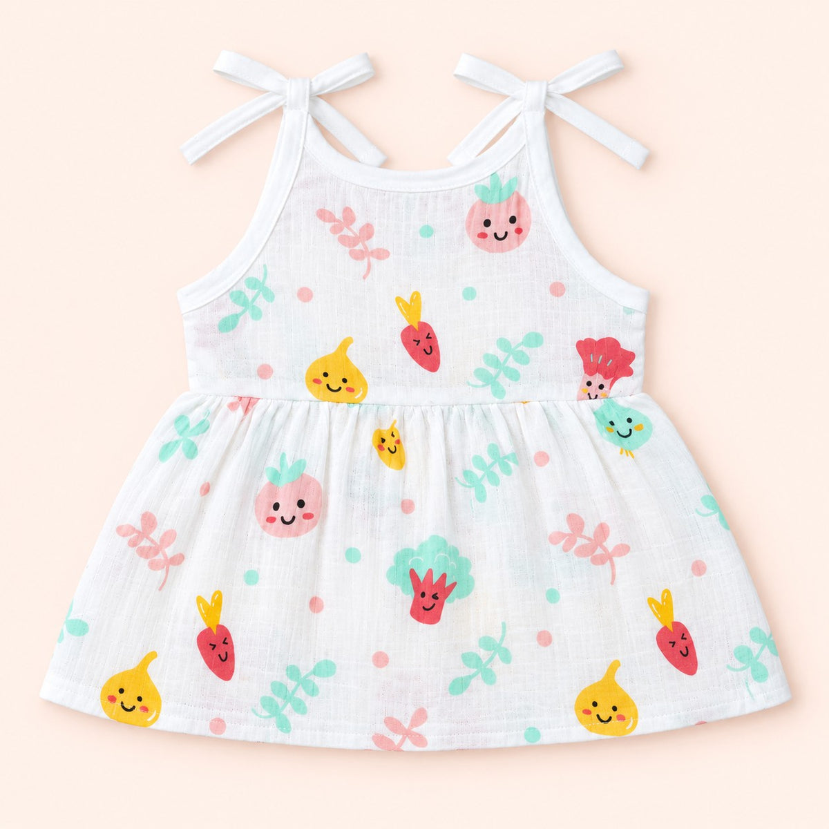 Cotton Muslin Knot Baby Frock - Little Veggies Print | New Born