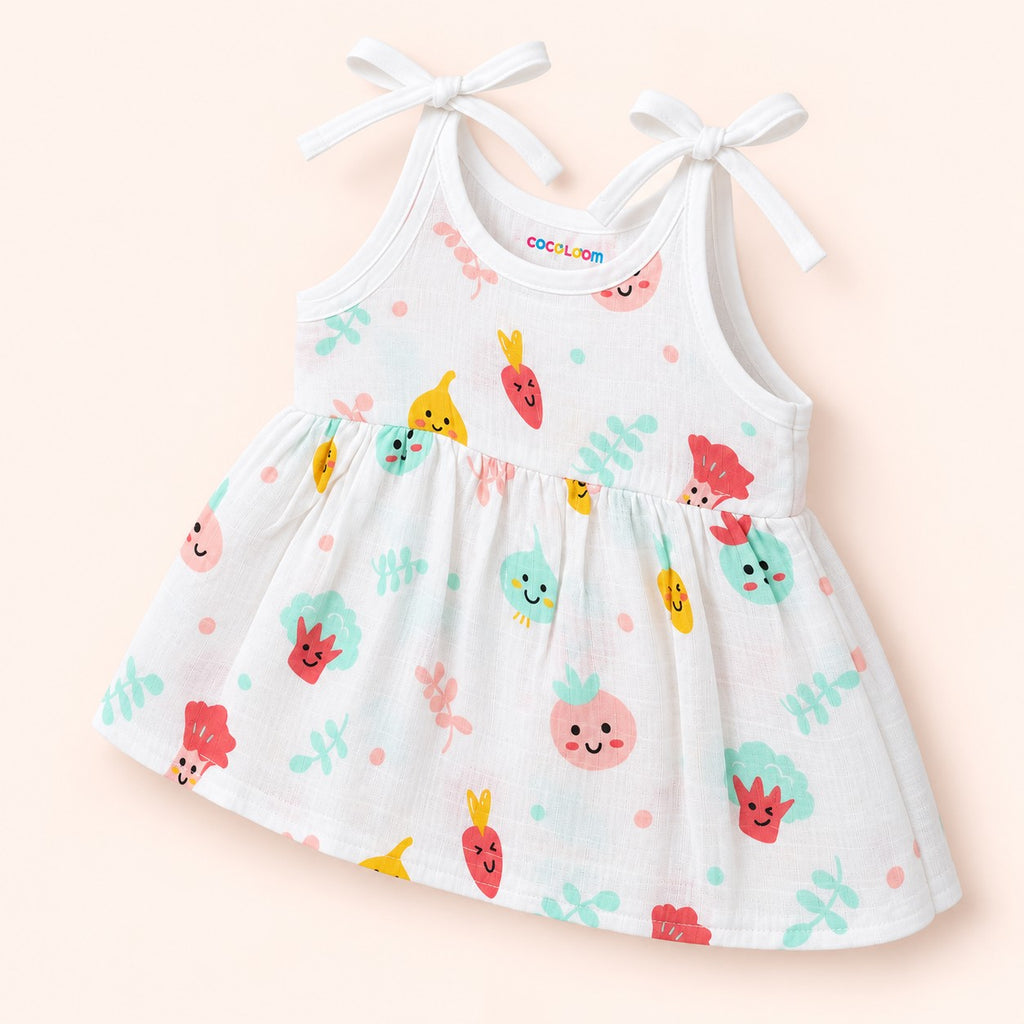 Cotton Muslin Knot Baby Frock - Little Veggies Print | New Born