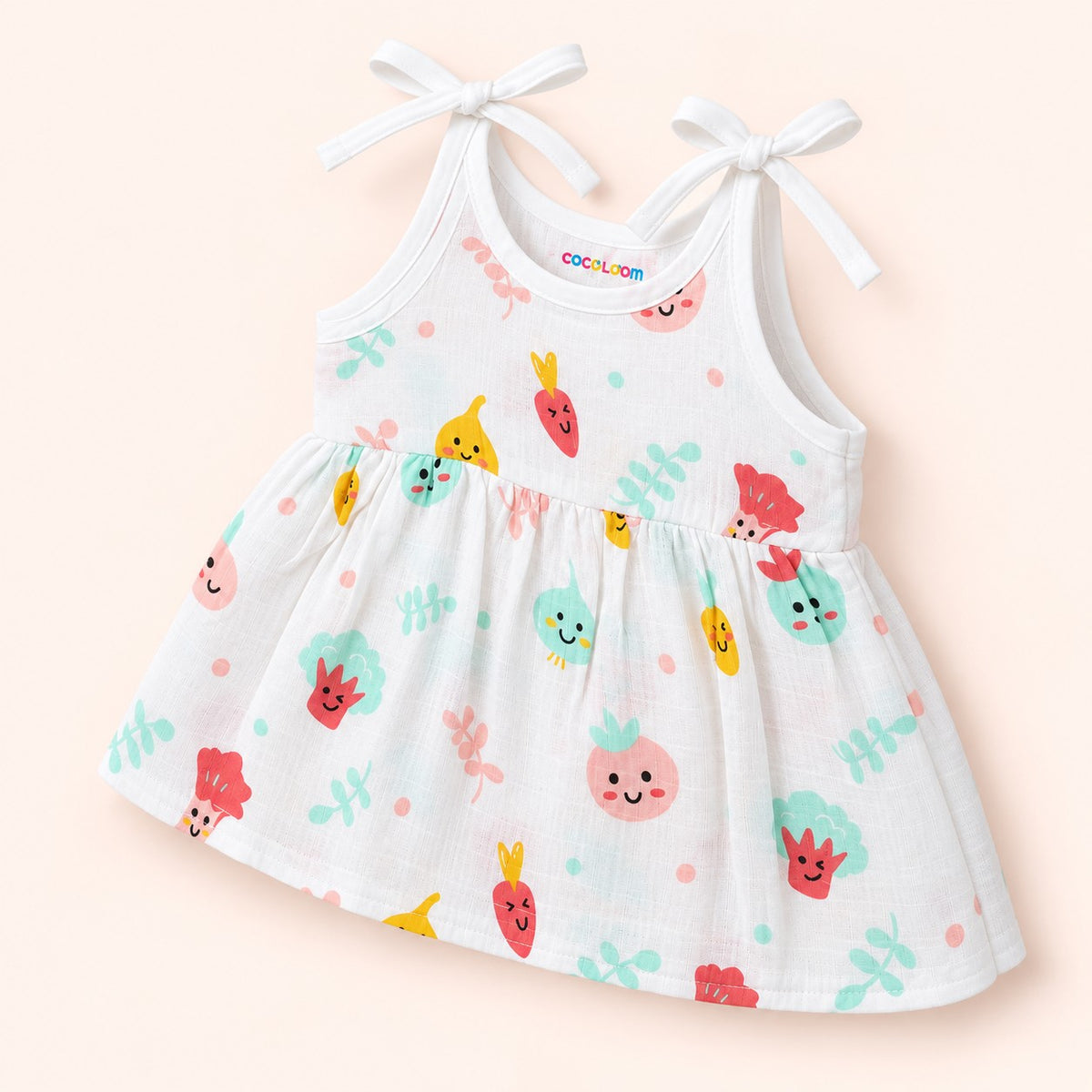 Cotton Muslin Knot Baby Frock - Little Veggies Print | New Born