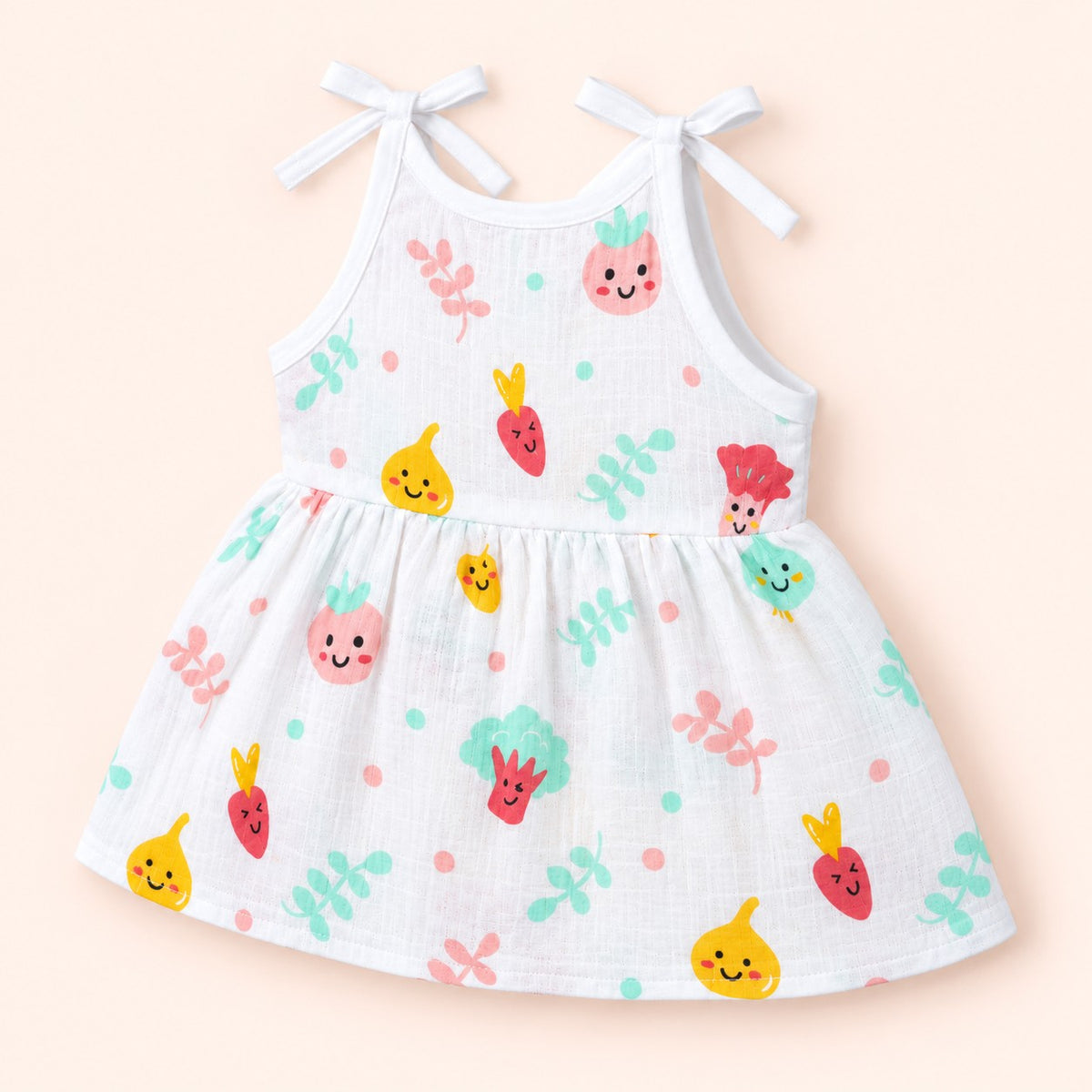 Cotton Muslin Knot Baby Frock - Little Veggies Print | New Born