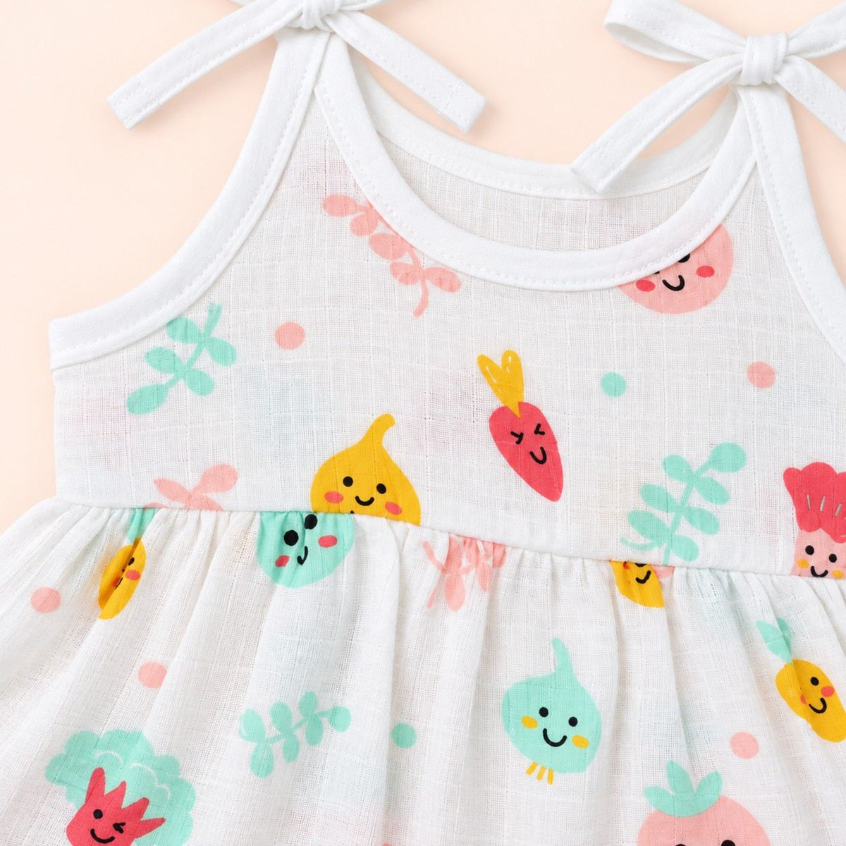 Cotton Muslin Knot Baby Frock - Little Veggies Print | New Born