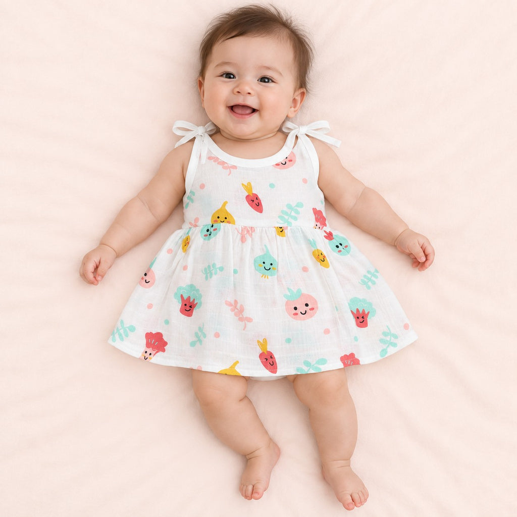 Cotton Muslin Knot Baby Frock - Little Veggies Print | New Born