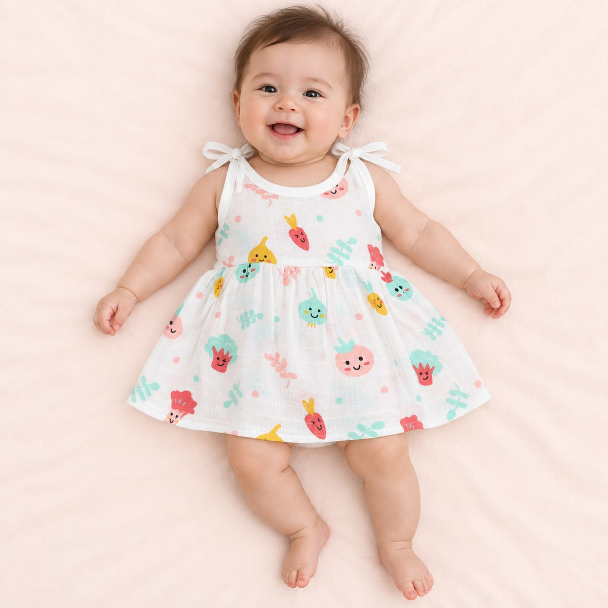 Cotton Muslin Knot Baby Frock - Little Veggies Print | New Born