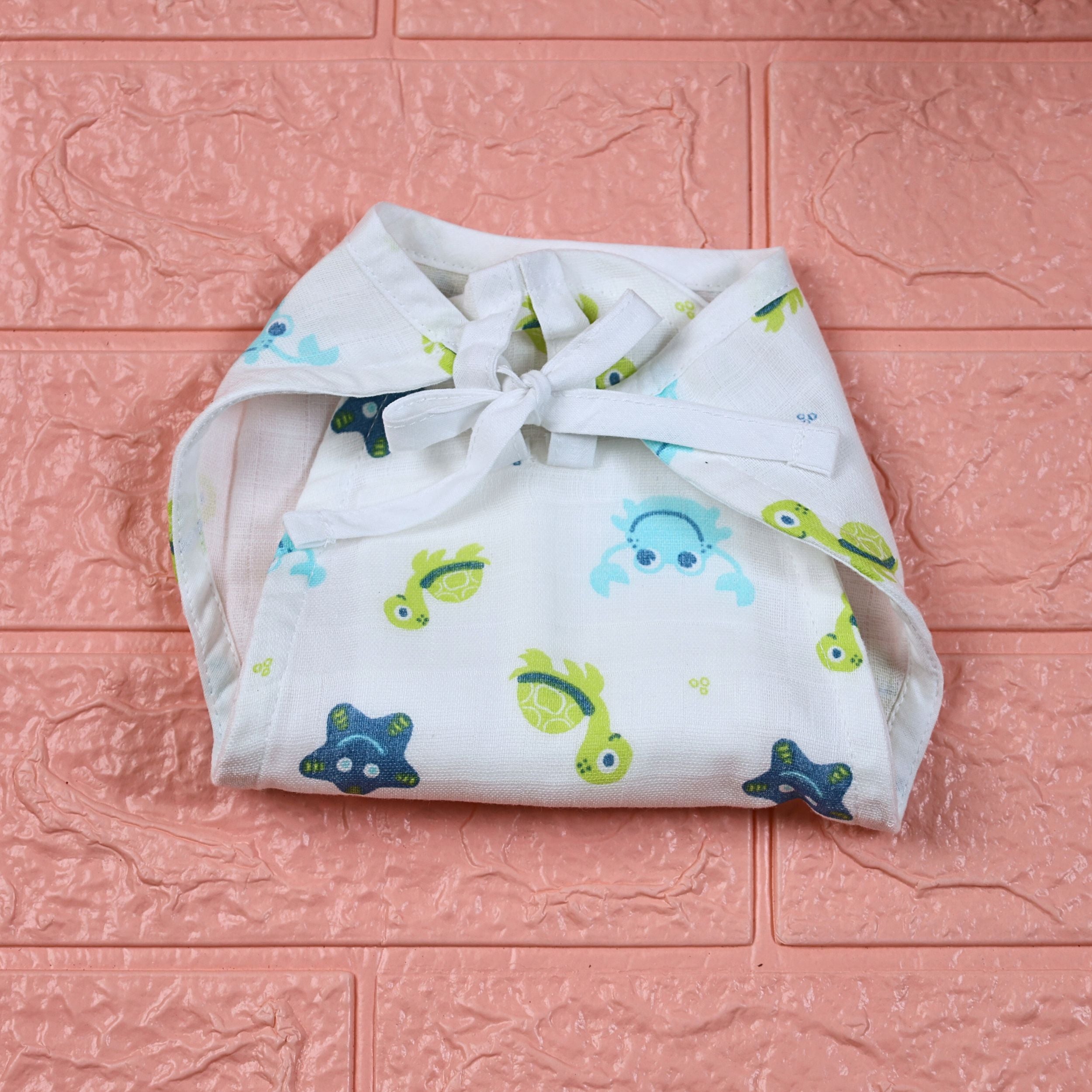 Aqua Babies Baby nappy in white with tie up knot print in light blue aquatic life