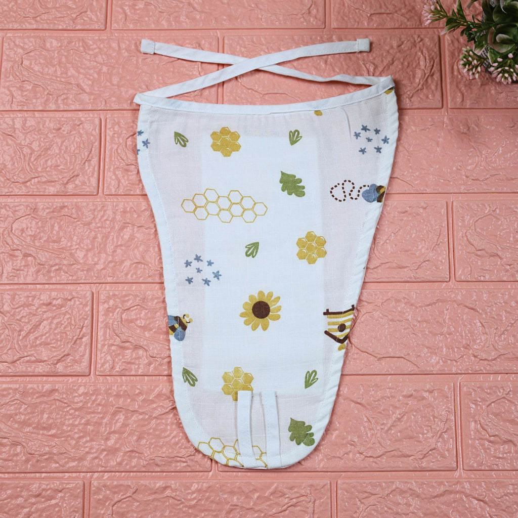 Honey Bloom Baby nappy in white with tie up knot printed with floral and bee pattern