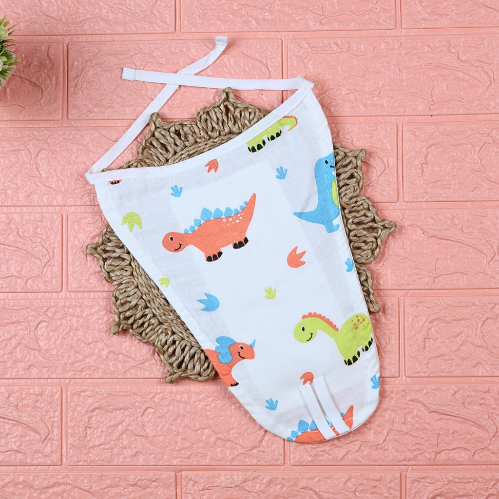 Little Dino Baby Nappy in white with tie up knot, printed with orange and green dinosaur design