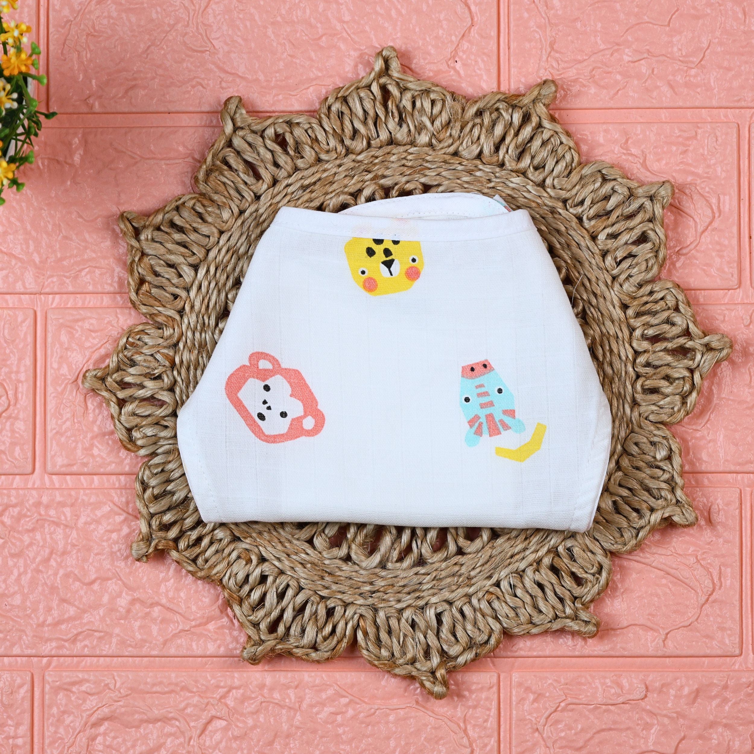 Safari Snuggles Baby Nappy in white with tie up knots, printed with colorful jungle animal prints