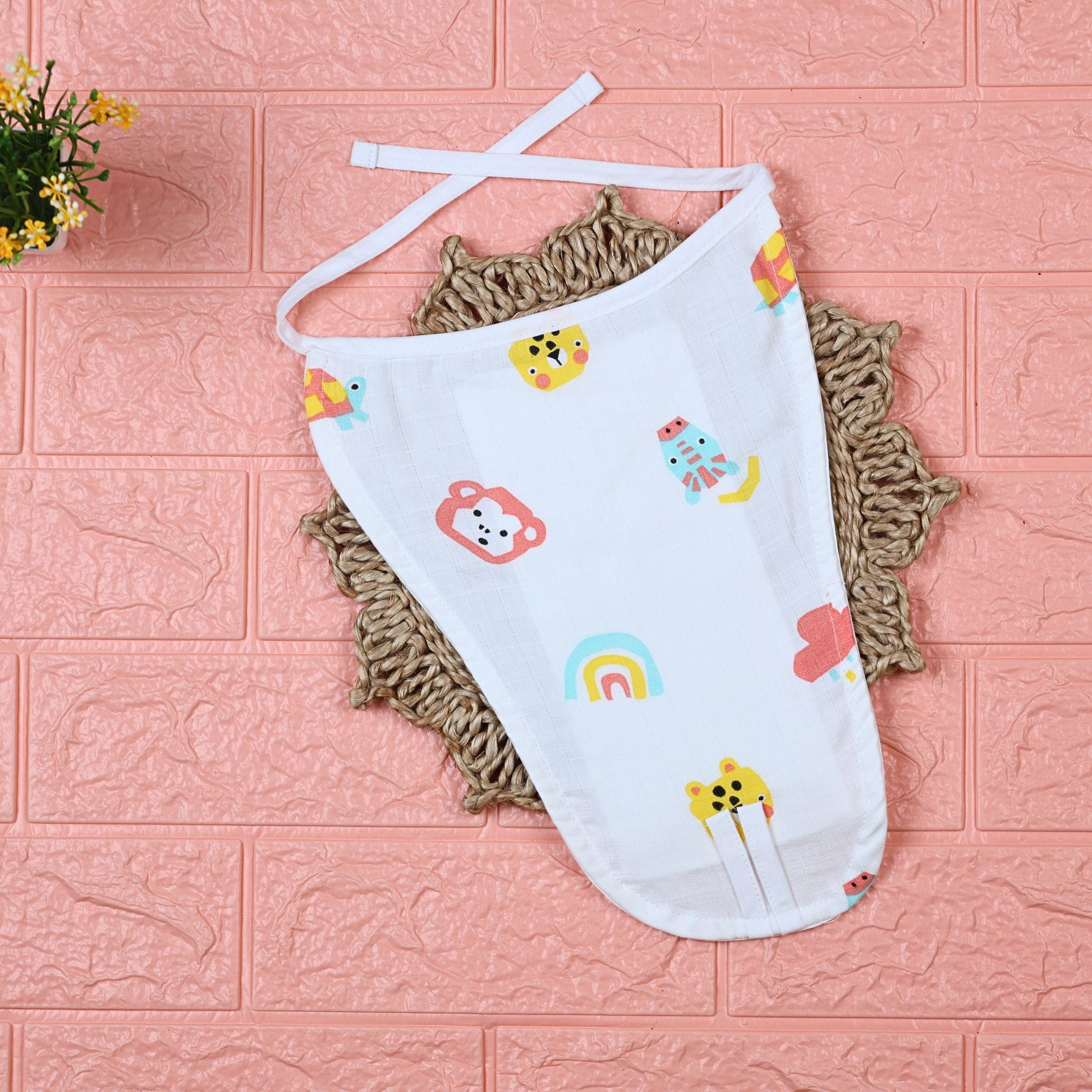 Safari Snuggles Baby Nappy in white with tie up knots, printed with colorful jungle animal prints
