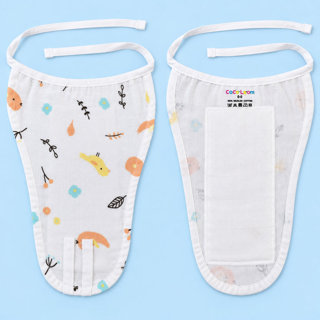 Reusable baby nappy/langot shown side by side on a light blue background. The left wipe is patterned with small orange, yellow, black, and blue motifs on a white fabric, and the right wipe shows the white backing with a large white pad and a small CoCoLuv logo.