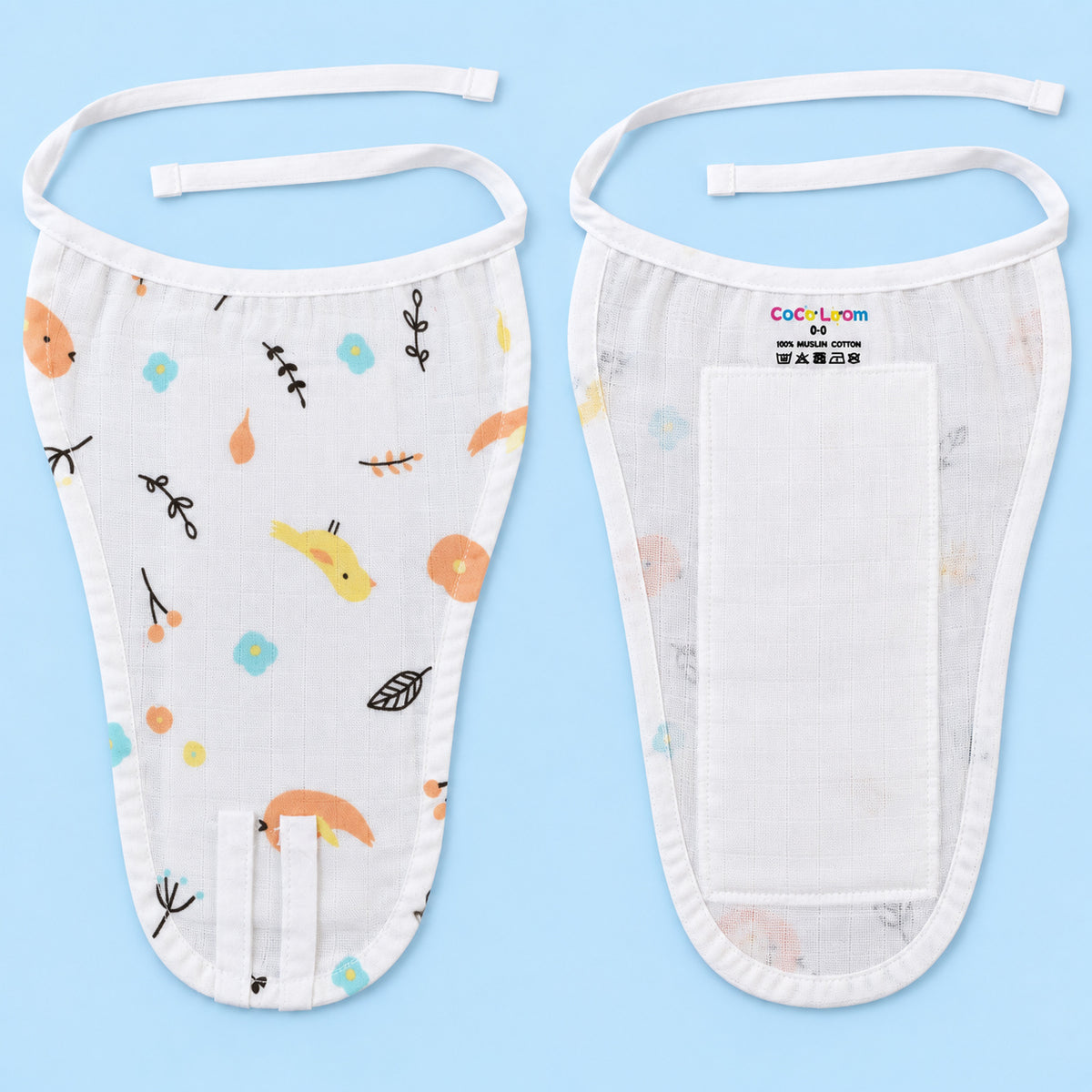 Reusable baby nappy/langot shown side by side on a light blue background. The left wipe is patterned with small orange, yellow, black, and blue motifs on a white fabric, and the right wipe shows the white backing with a large white pad and a small CoCoLuv logo.