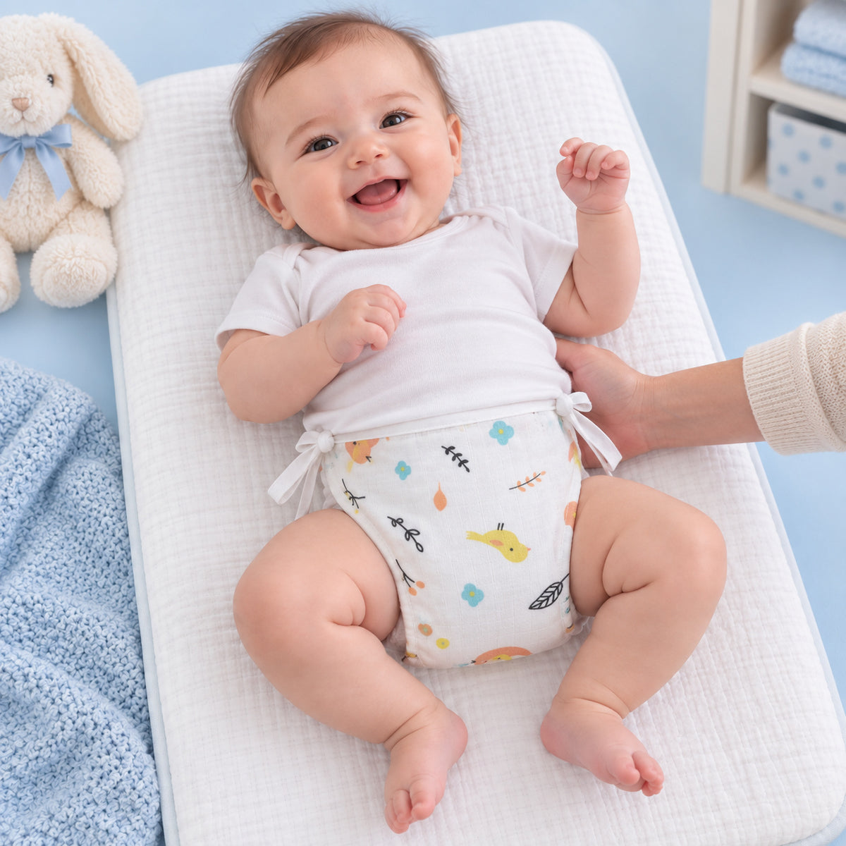 A smiling baby lying on a white muslin changing pad, wearing a white short-sleeve top and a white diaper with small multicolor animal and leaf prints. A baby arm is adjusting the diaper, with a blue blanket and a plush bunny visible in a softly lit room.