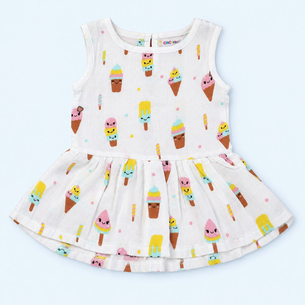 Cotton Muslin Baby Frock - Popsicles Print | Button Closure| 0-3 Months