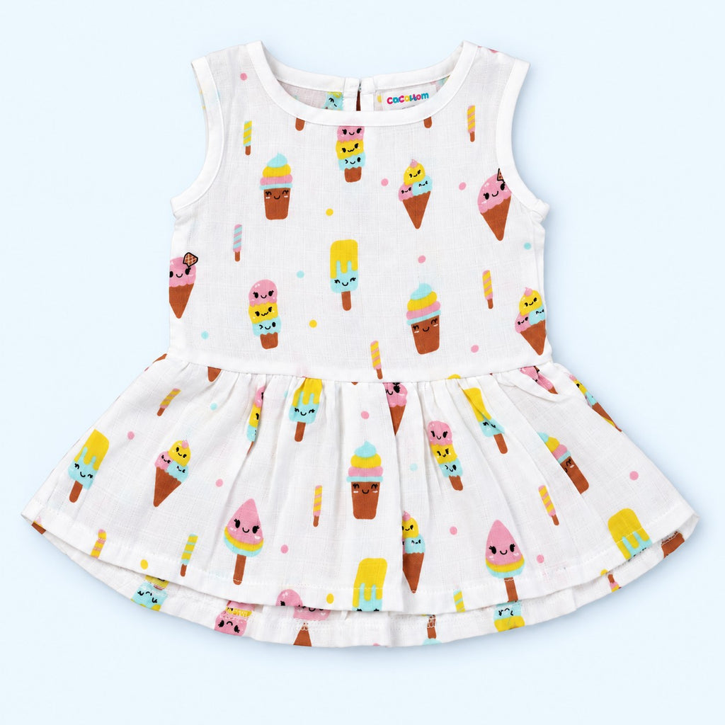 Cotton Muslin Baby Frock - Popsicles Print | Button Closure | 6-12 Months