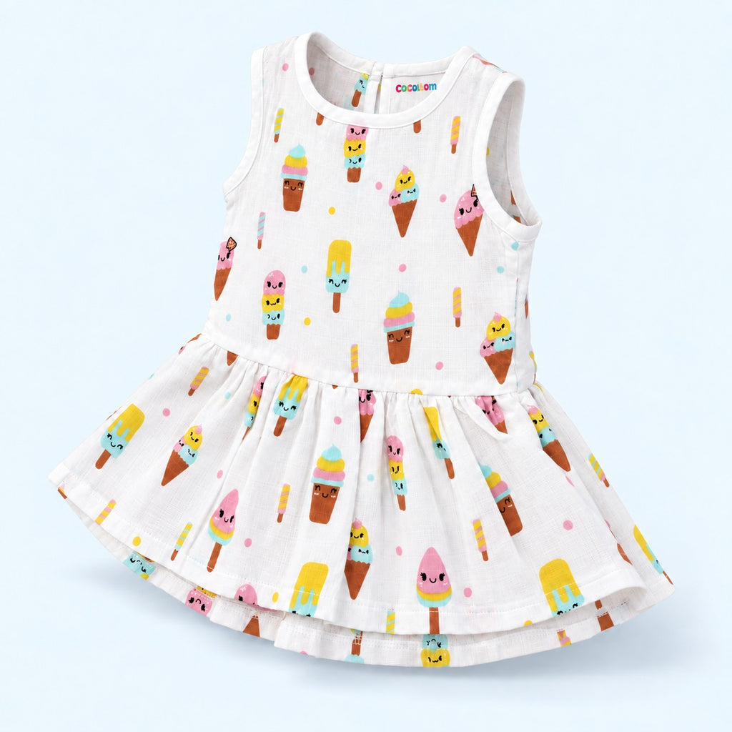 Cotton Muslin Baby Frock - Popsicles Print | Button Closure | 6-12 Months