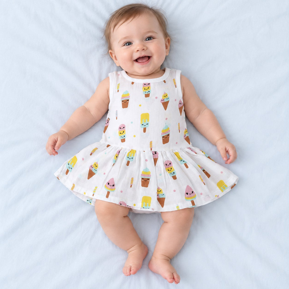 Cotton Muslin Baby Frock - Popsicles Print | Button Closure| 0-3 Months