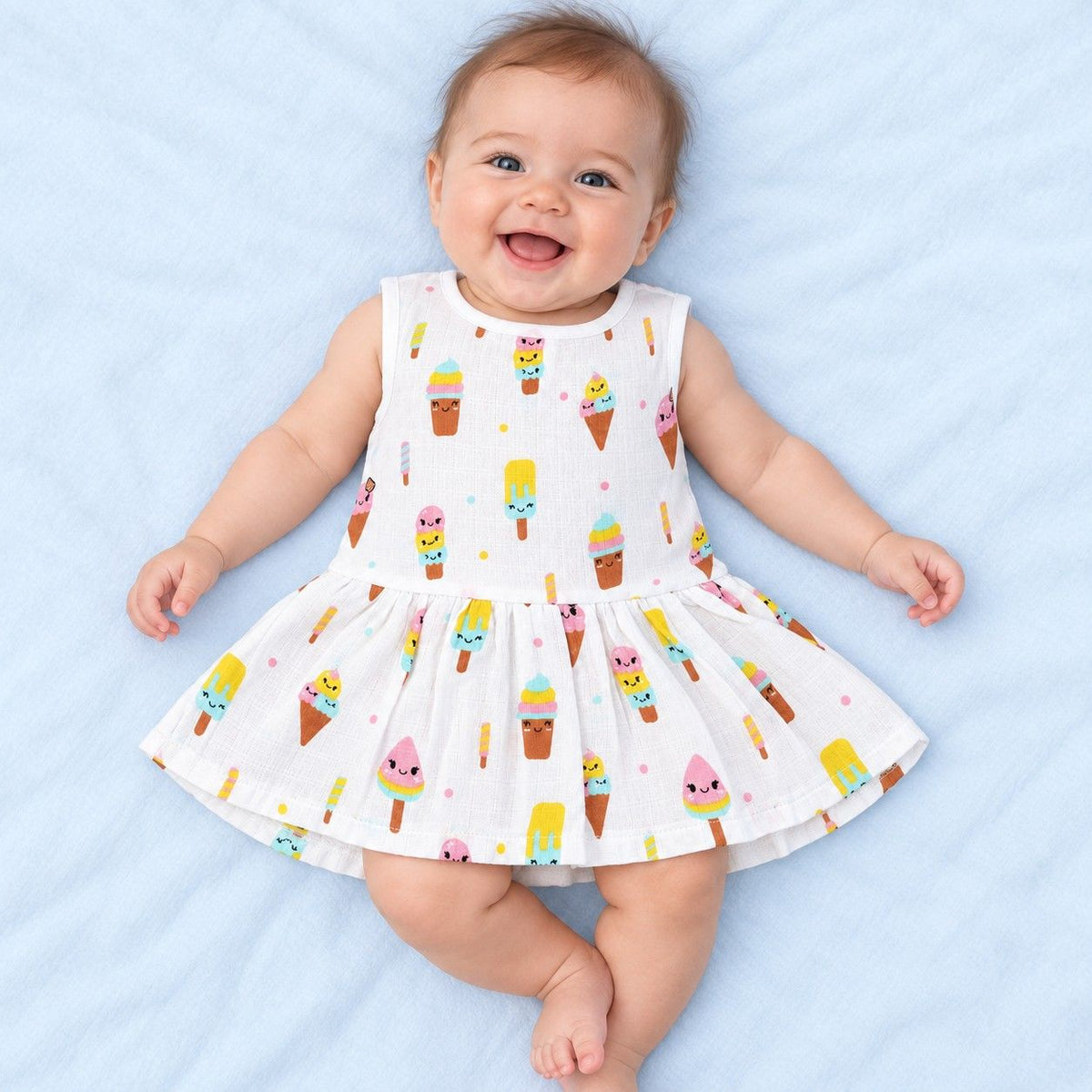 Cotton Muslin Baby Frock - Popsicles Print | Button Closure | 6-12 Months