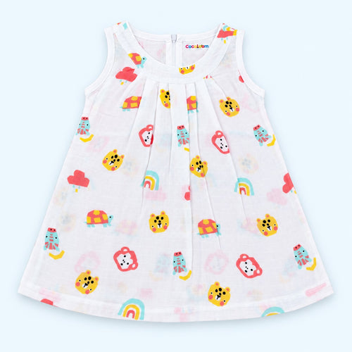 A white sleeveless baby dress with a colorful cartoon animal and cloud print, displayed flat against a light blue background.