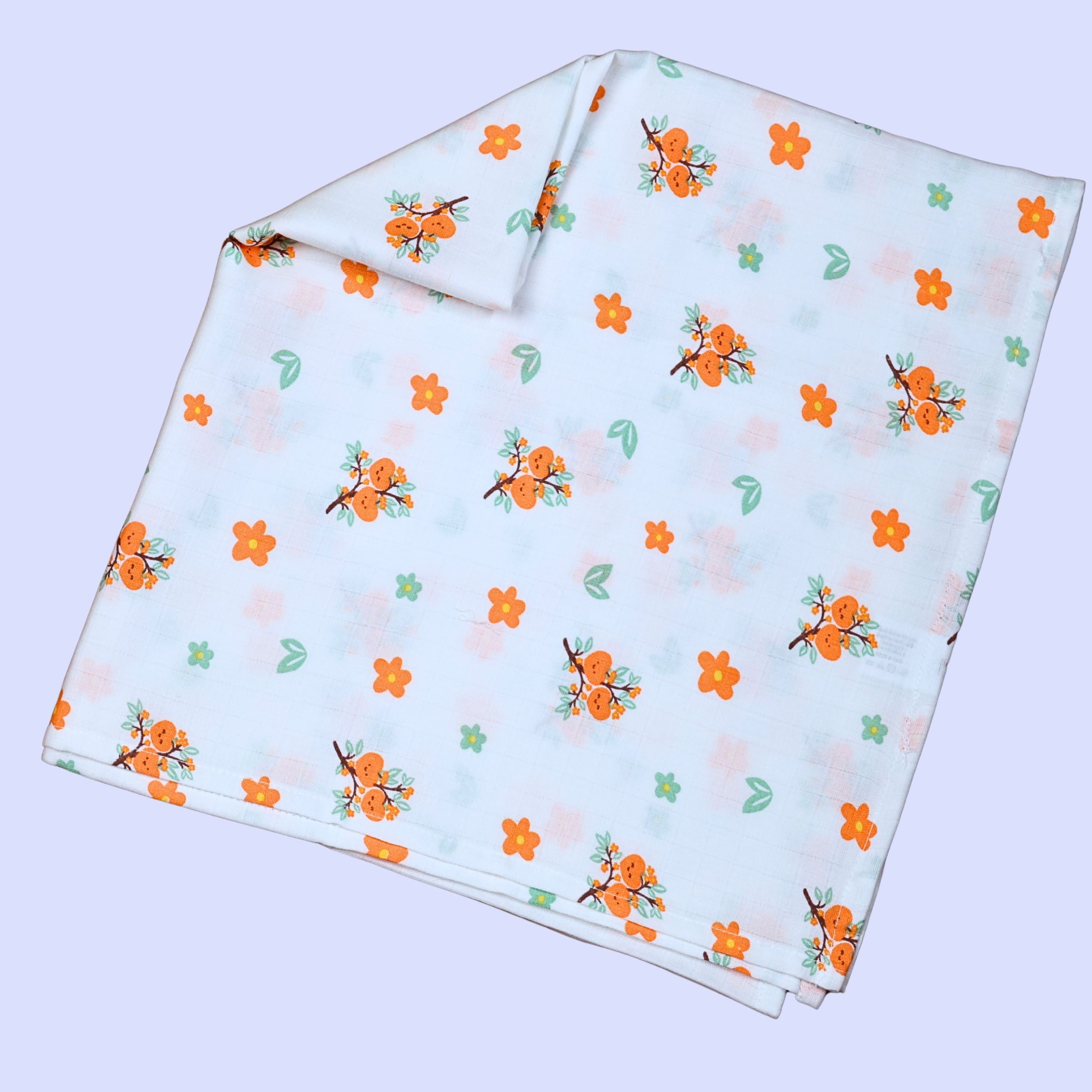 Citrus Bloom Baby Swaddle in white with mosquito net printed with orange floral patterns