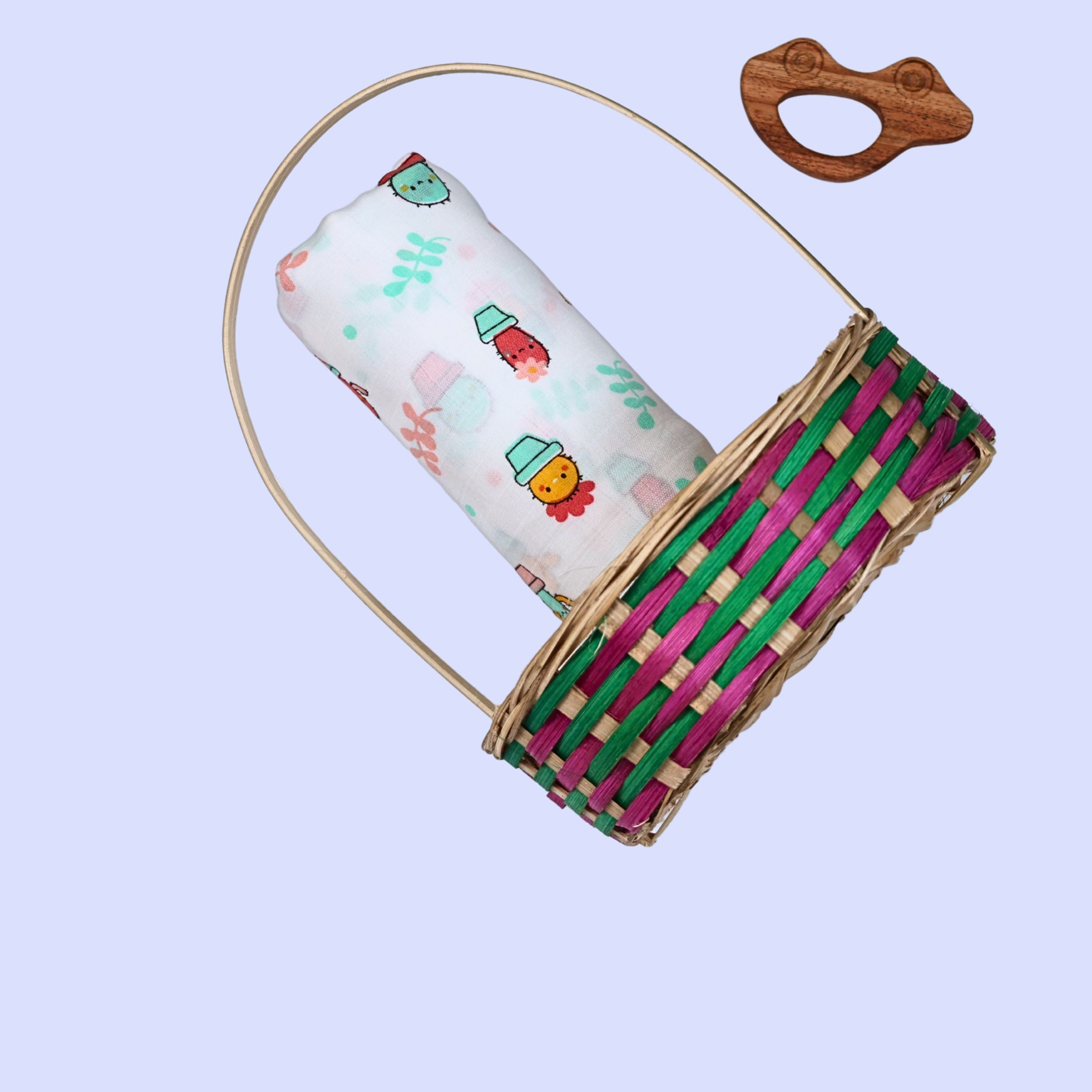 Little Cactus Baby Swaddle in white printed with colourful cactus plants pattern