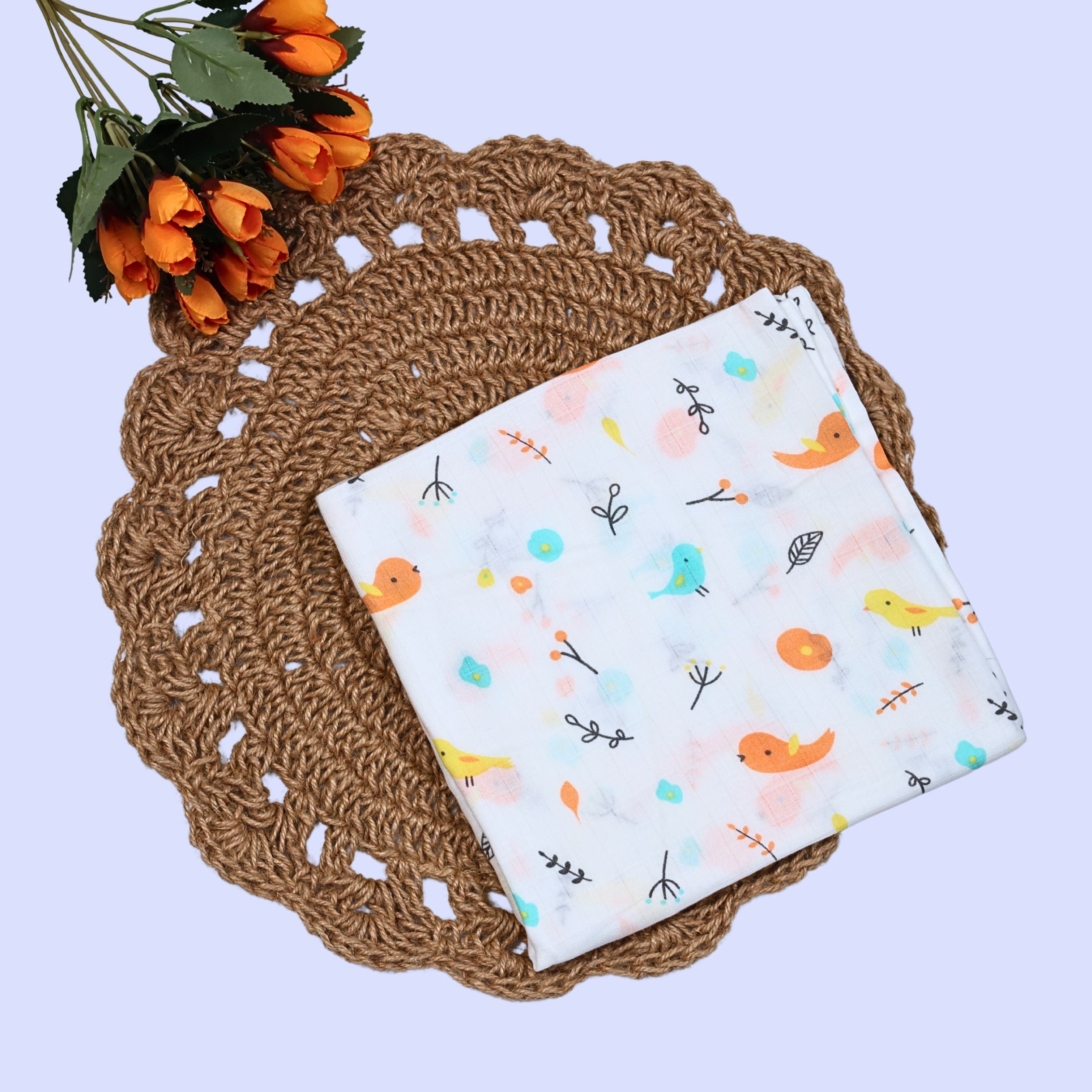 Tweeties Baby Swaddle in white with bird print