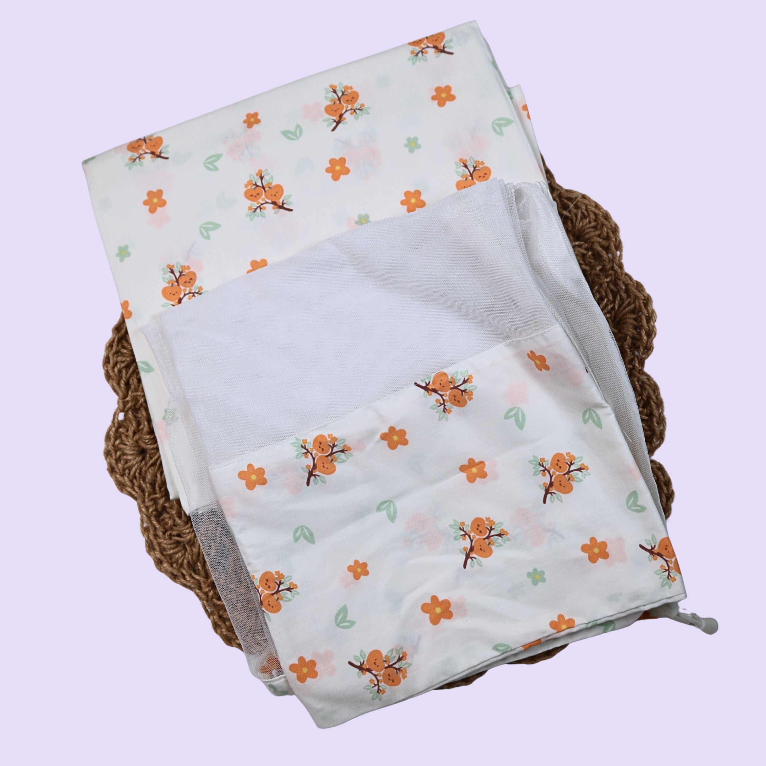 Citrus Bloom Baby Thottil (Jhula) in white with mosquito net printed with orange floral patterns