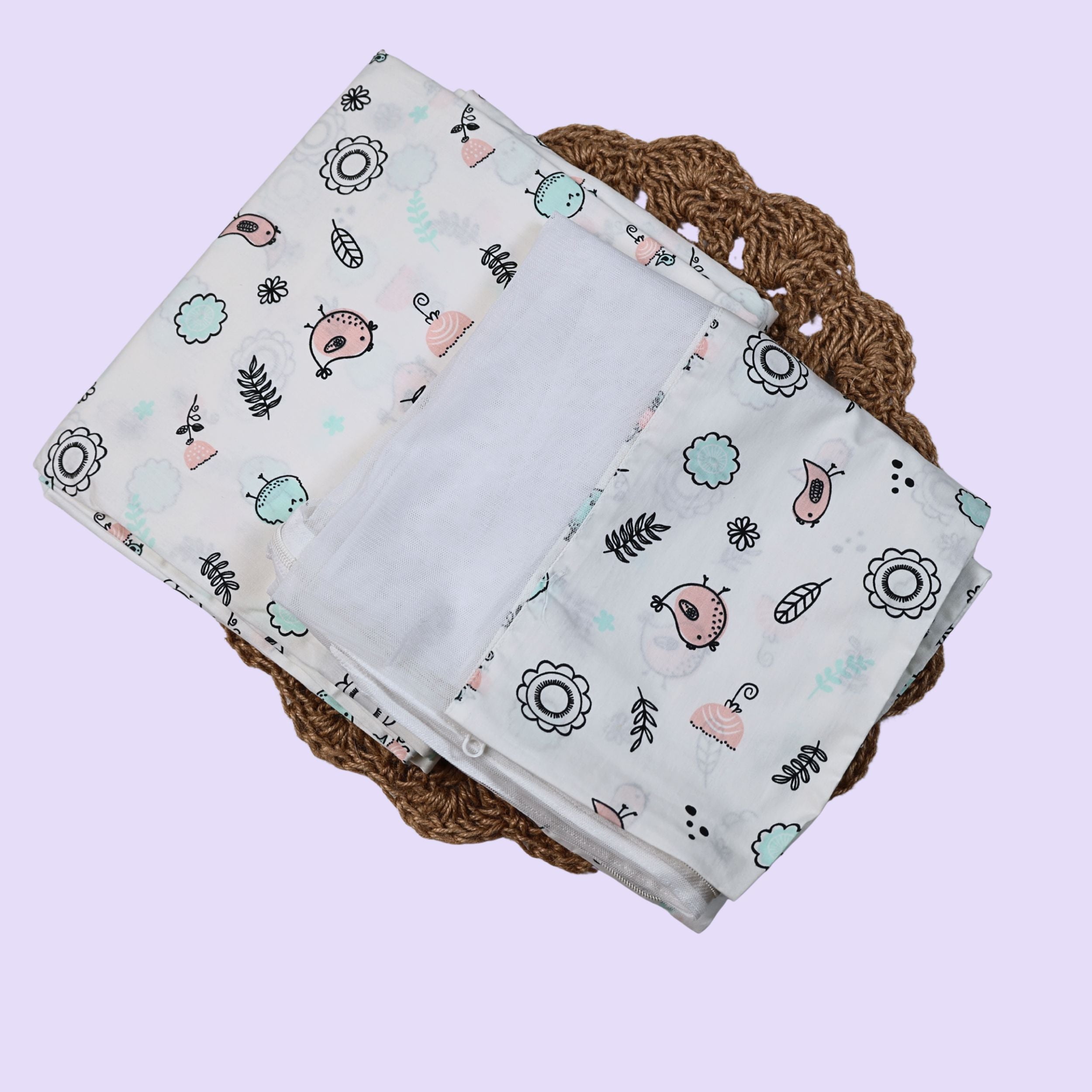 Little Chirps Baby Thottil (Jhula) in white with mosquito net printed with floral and bird pattern
