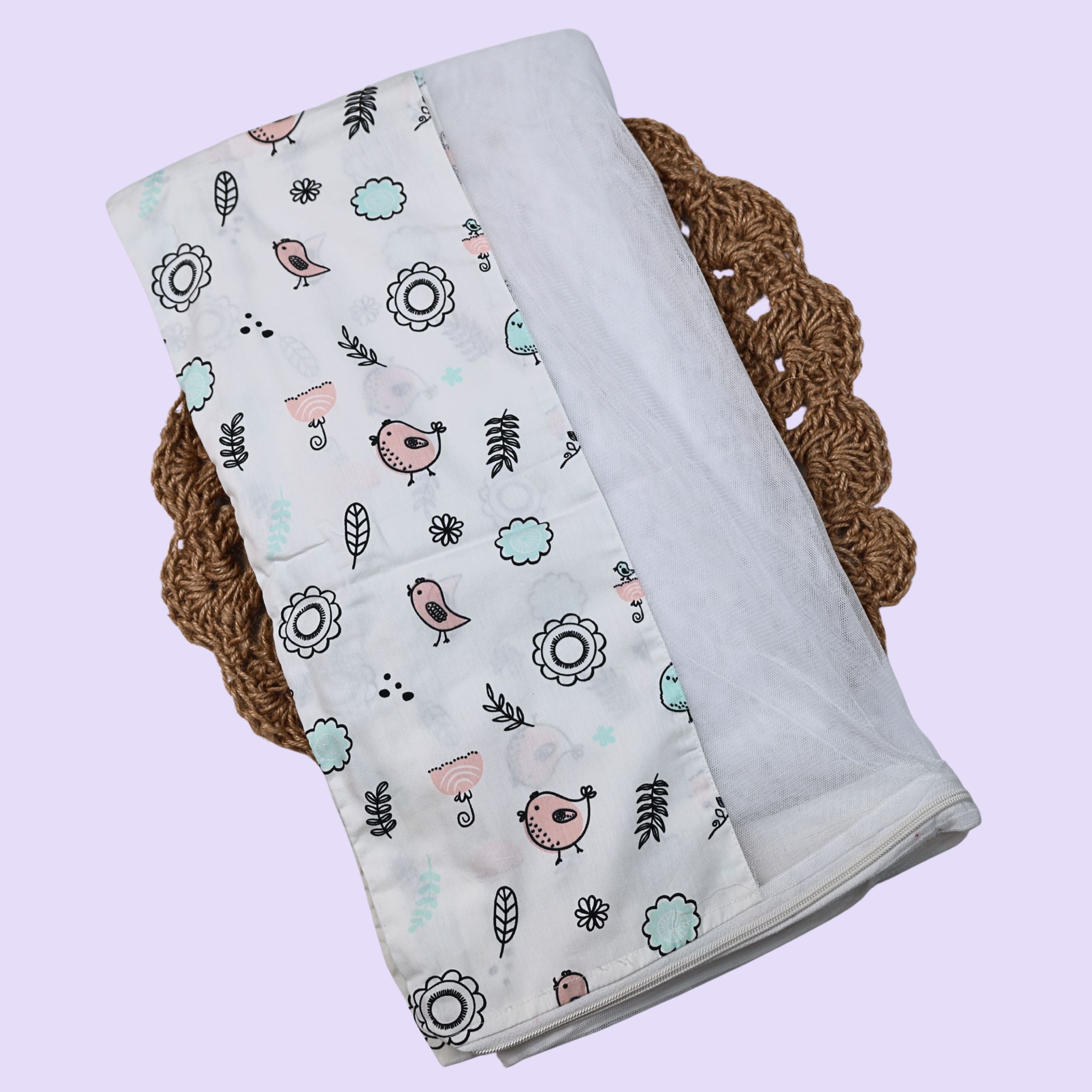 Little Chirps Baby Thottil (Jhula) in white with mosquito net printed with floral and bird pattern