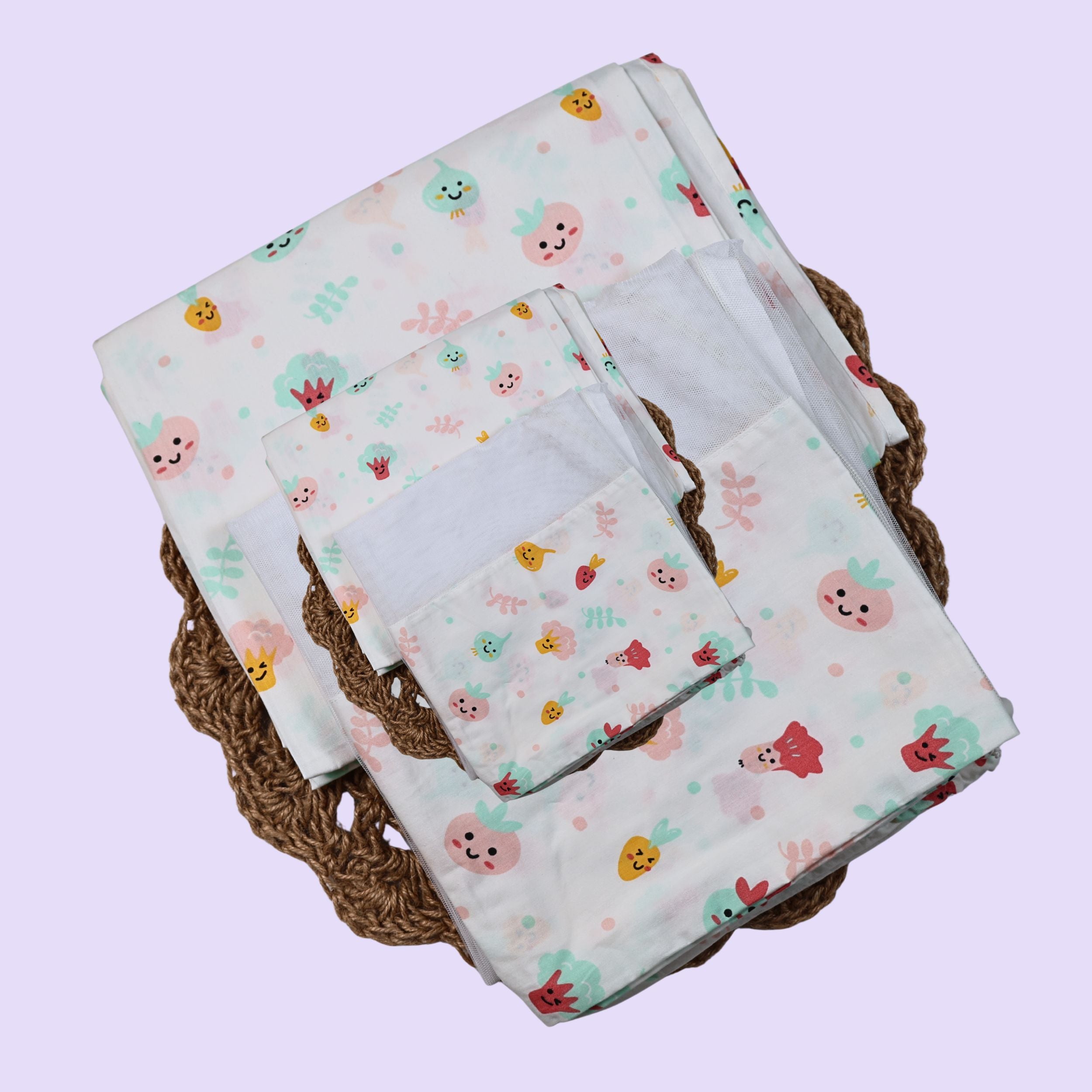 Little Veggies Baby Thottil (Jhula) in white printed with colour veggies pattern