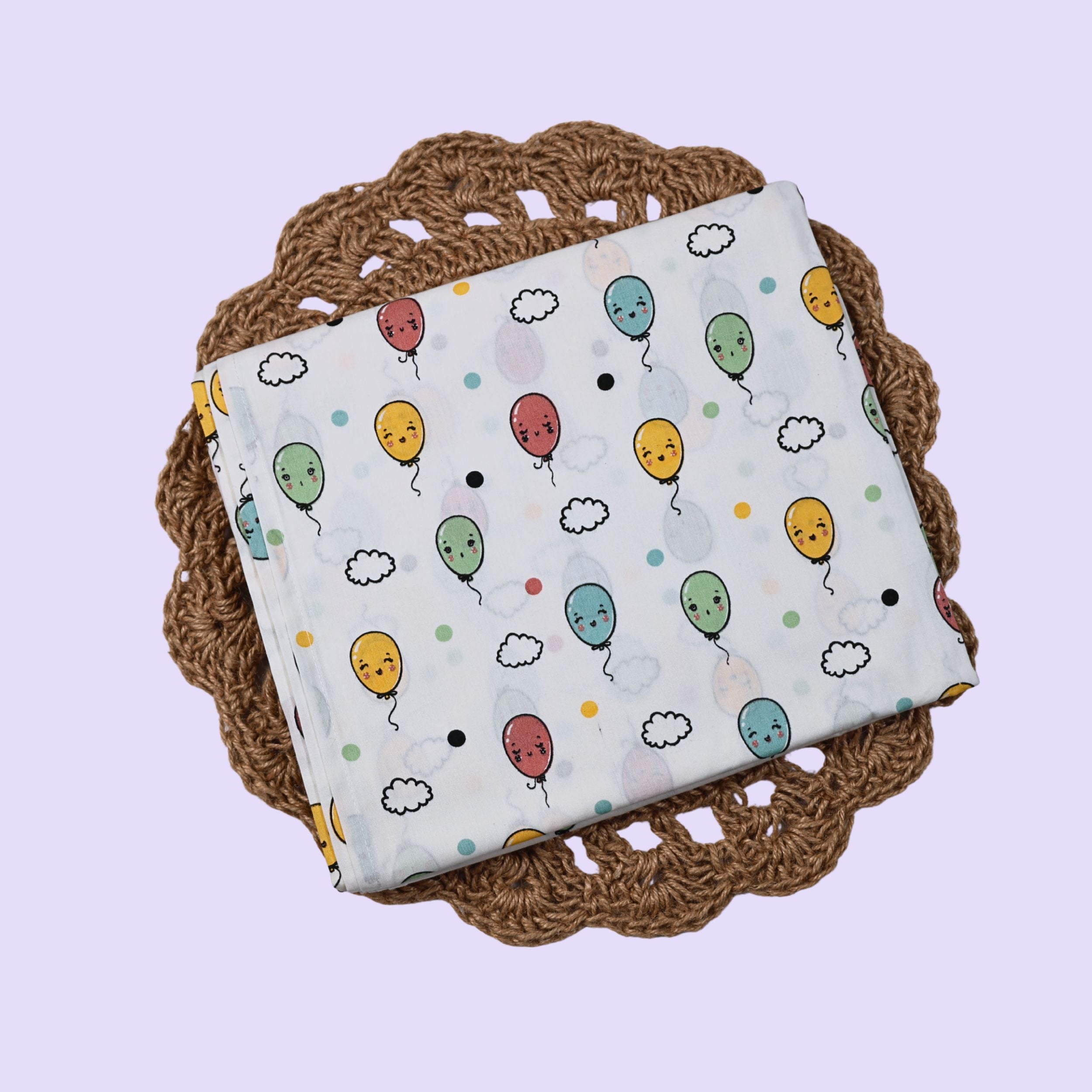 Smiley Balloons Baby Thottil (Jhula) in white with mosquito net printed with colorful balloon pattern