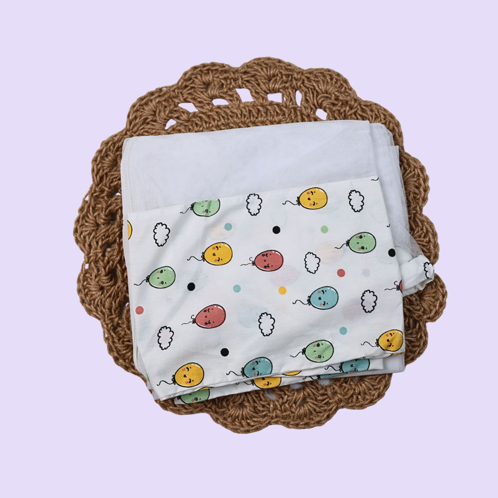 Smiley Balloons Baby Thottil (Jhula) in white with mosquito net printed with colorful balloon pattern