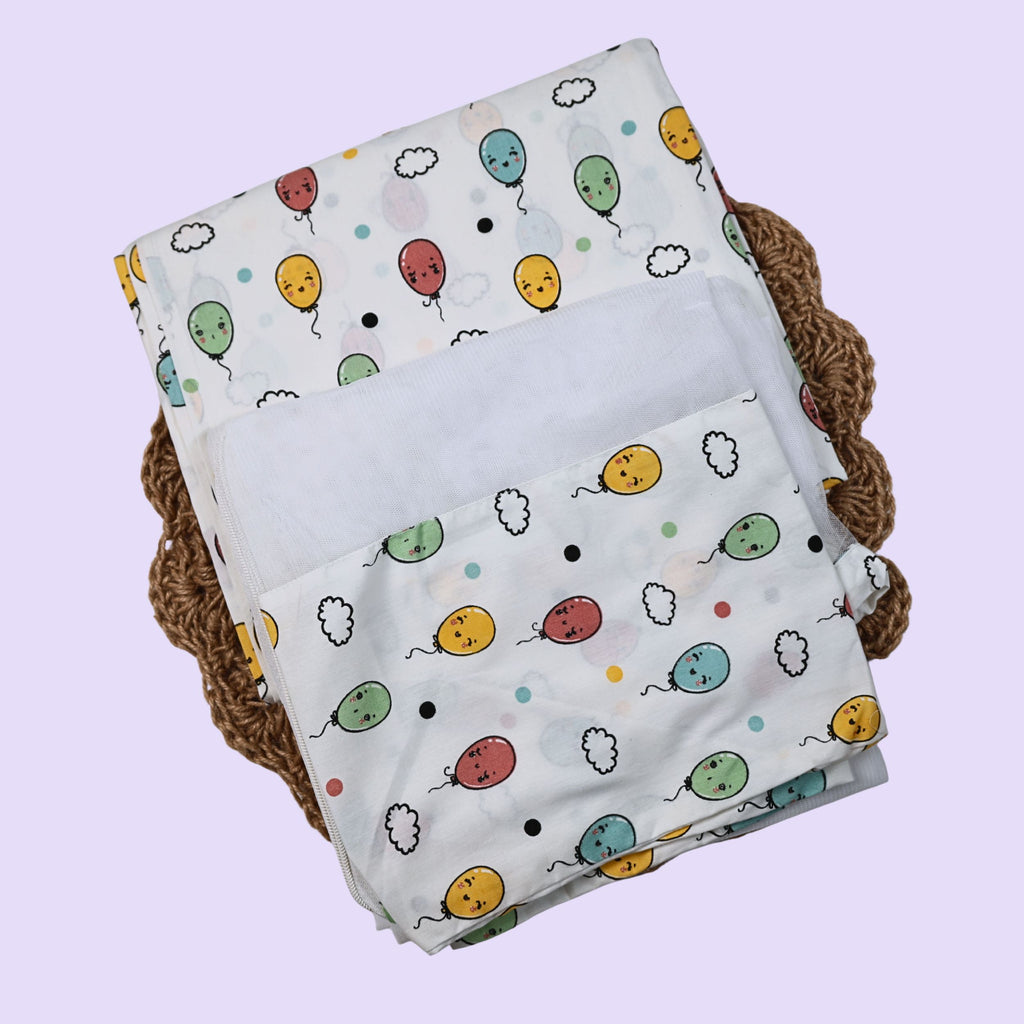 Smiley Balloons Baby Thottil (Jhula) in white with mosquito net printed with colorful balloon pattern