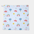 Rainbow Rides Baby Wipes in white printed with rainbow, cloud, and hot air balloon pattern