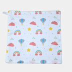 Rainbow Rides Baby Wipes in white printed with rainbow, cloud, and hot air balloon pattern
