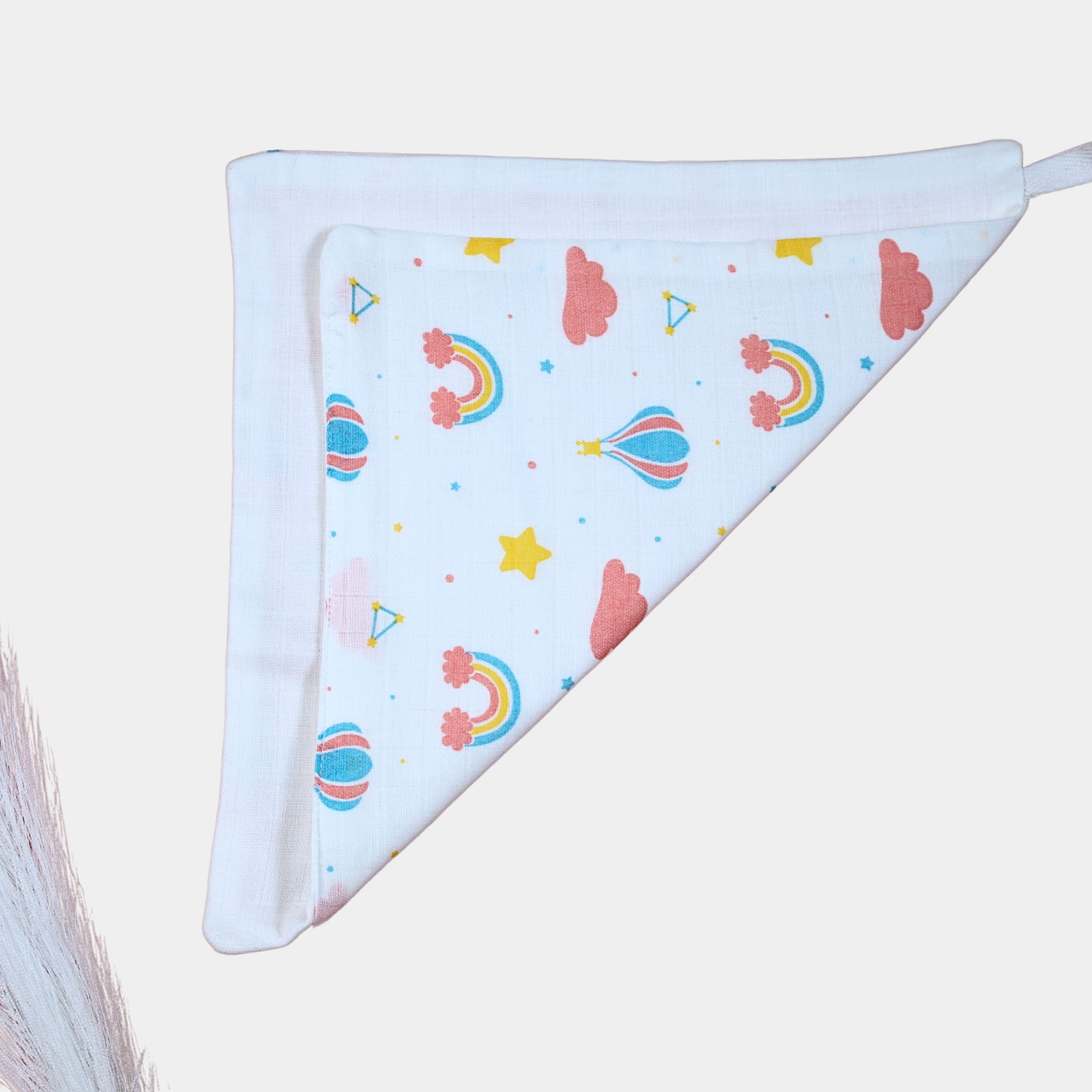 Rainbow Rides Baby Wipes in white printed with rainbow, cloud, and hot air balloon pattern